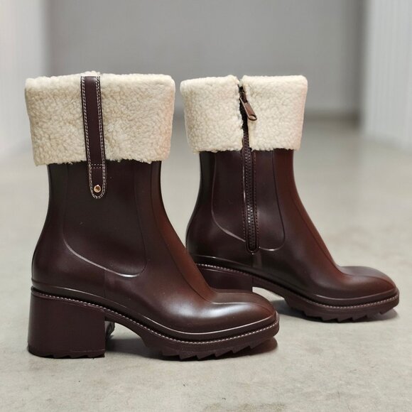 Brown Faux Leather Block Heel Boots With Shearling Cuff & Side Zipper Closure - Picture 2 of 7